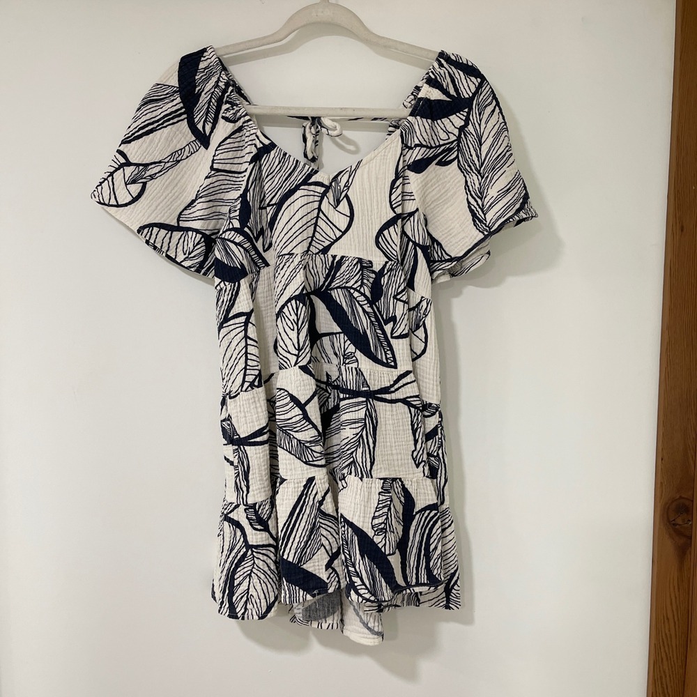 Mahina Tropical Leaf Gauze Mini Dress Womens Size Small Navy‎ White Coastal Boho